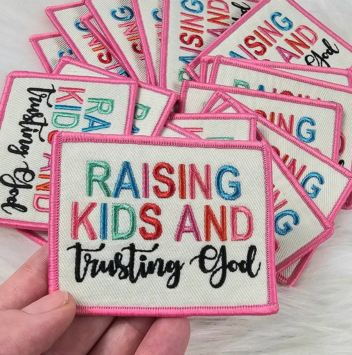 'Raising Kids And Trusting God' Colorful Christian Woven Embroidery Iron On Patch