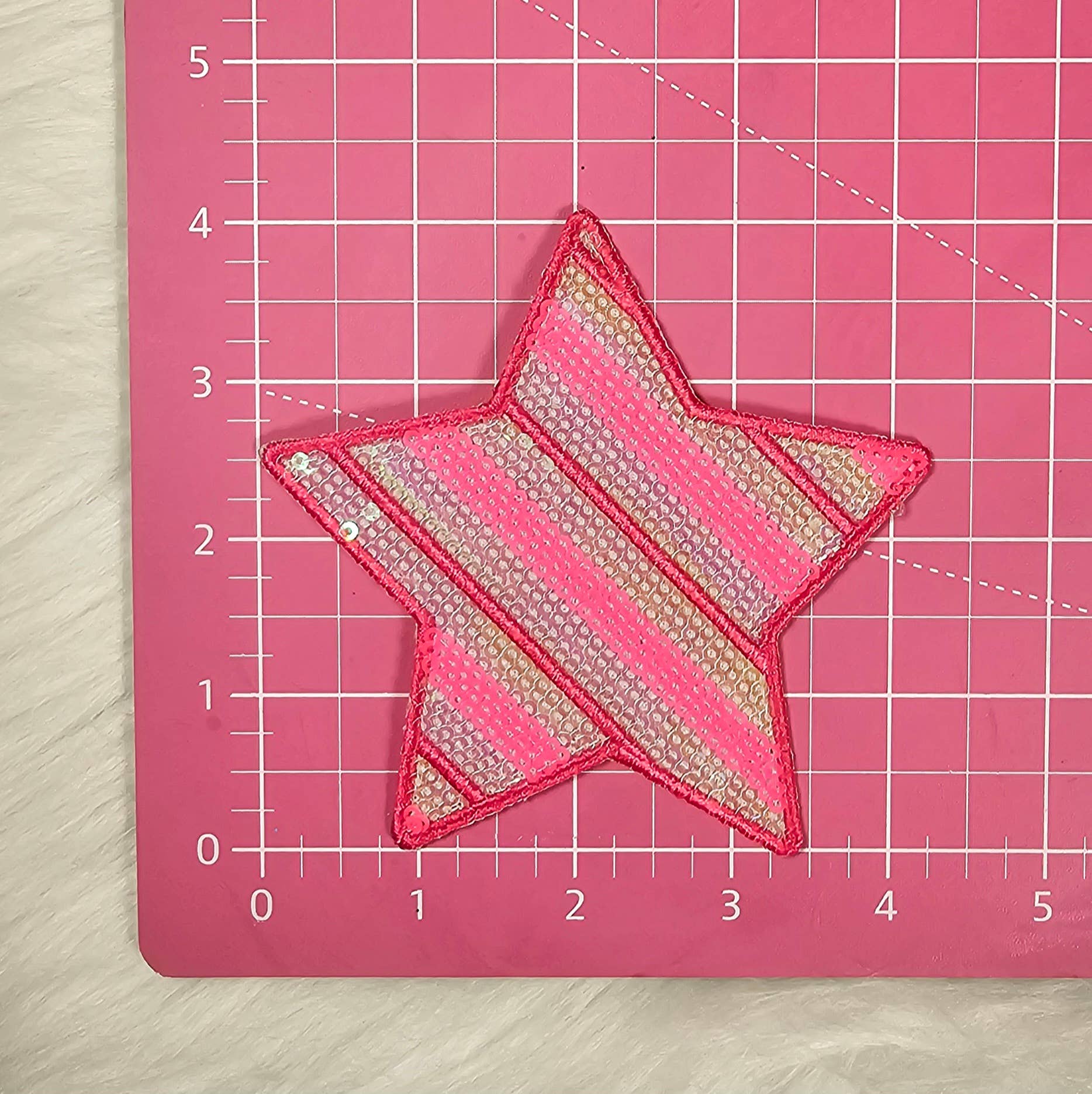 4"  Neon Pink Stripe Sequin Star Iron On Patch