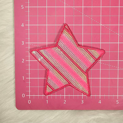 4"  Neon Pink Stripe Sequin Star Iron On Patch