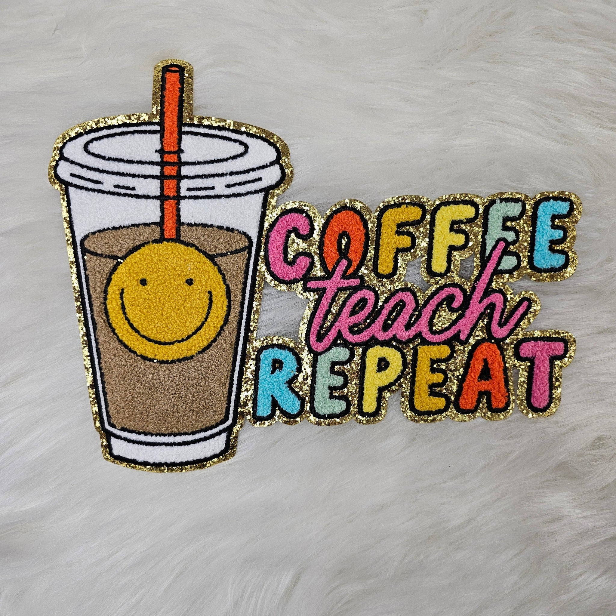 Large Coffee Teach Repeat Chenille Iron-on Patch