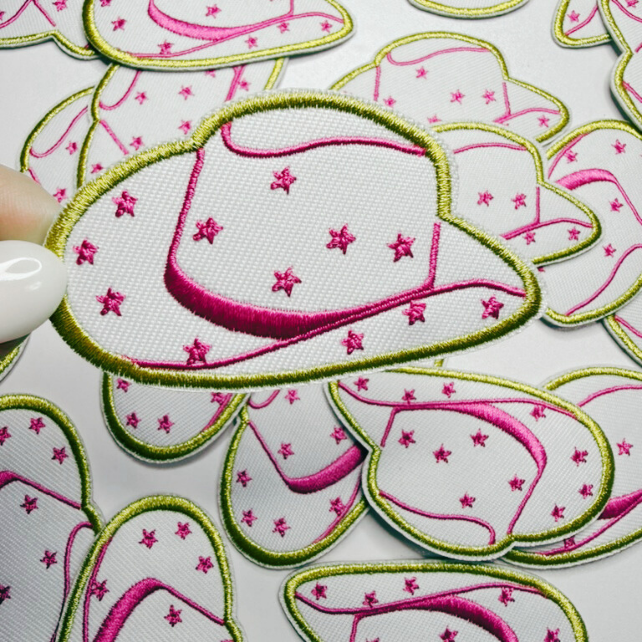 2.5” COWBOY HAT in White & Pink w stars -  Embroidered Hat Patch