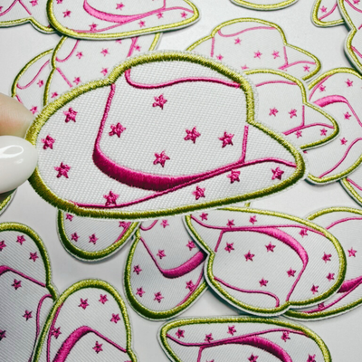 2.5” COWBOY HAT in White & Pink w stars -  Embroidered Hat Patch