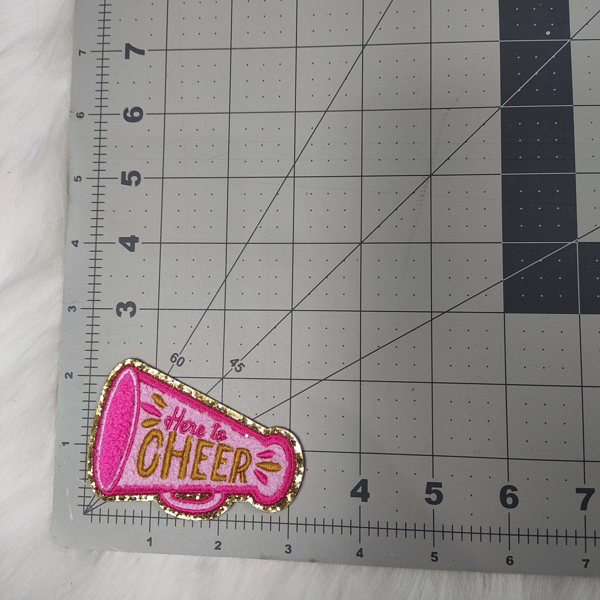 'Here to Cheer' Megaphone Pink Iron On Patch With Gold Glitter