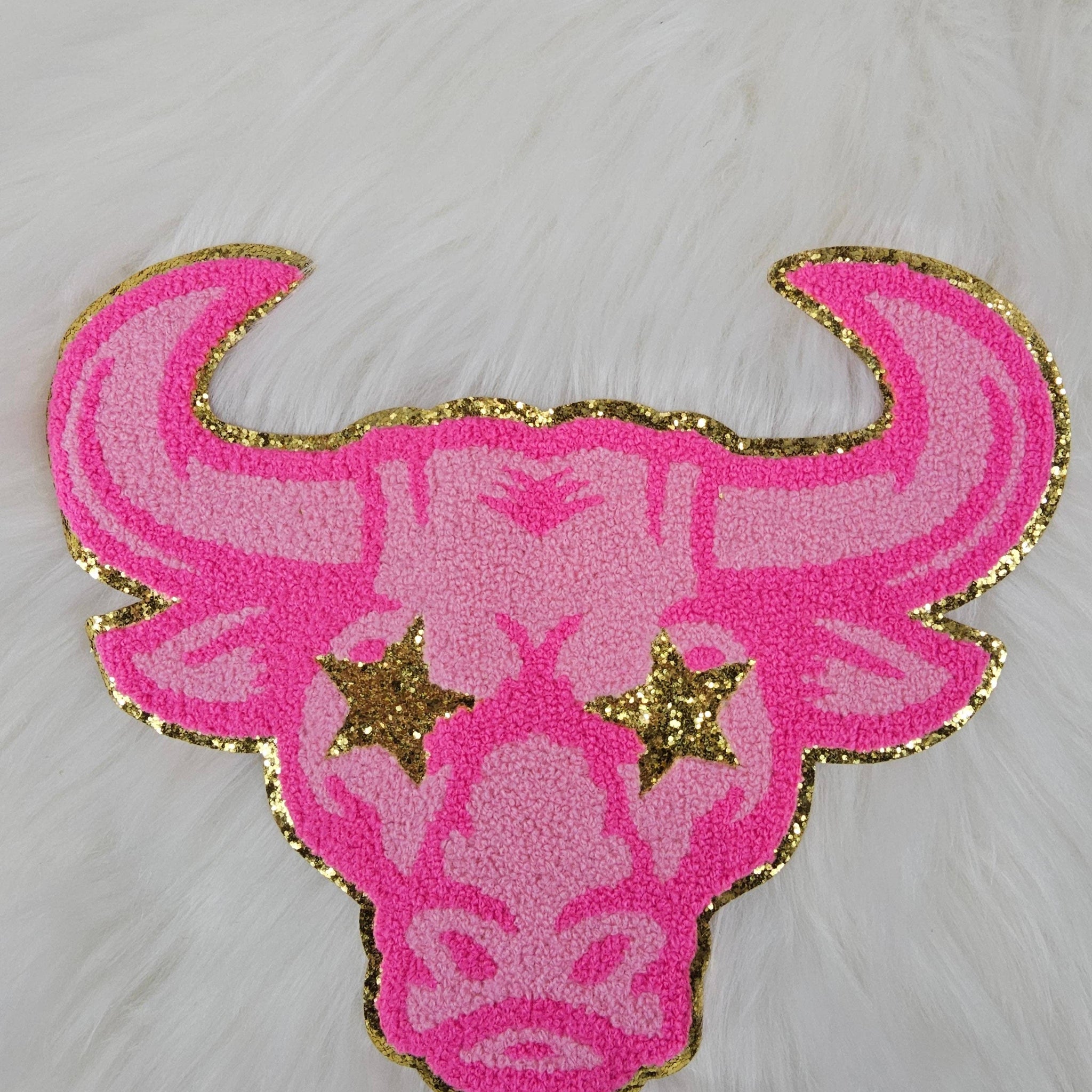 Hot Pink Bull Longhorn Cow Mascot with Gold Star Eyes Large