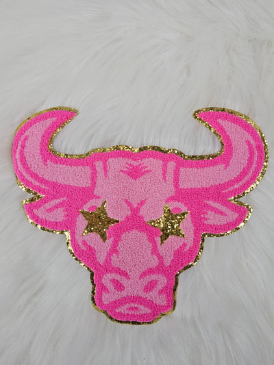 Hot Pink Bull Longhorn Cow Mascot with Gold Star Eyes Large