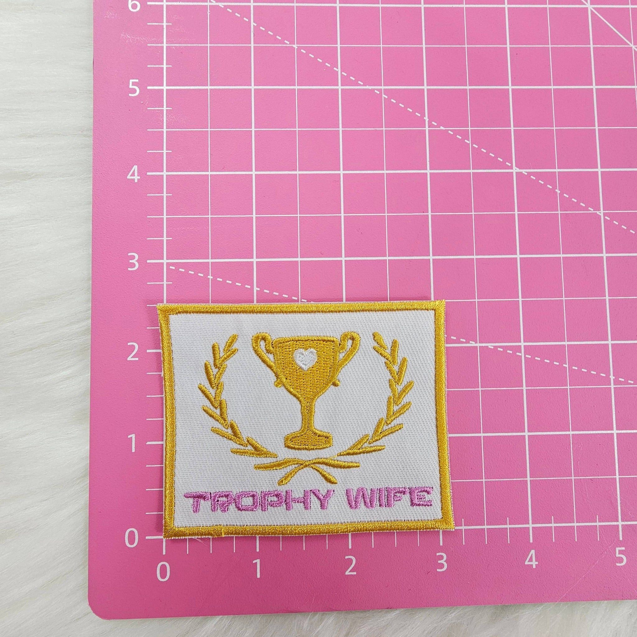 'Trophy Wife' Pink and Gold Embroidery Iron On Patch