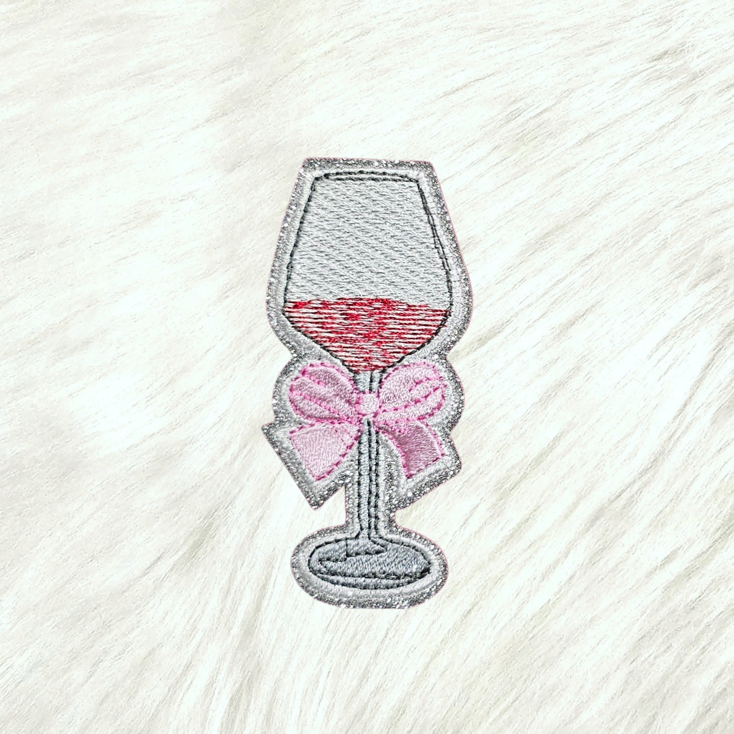 Wine Glass Pink Coquette Bow on Silver Glitter Iron On Patch
