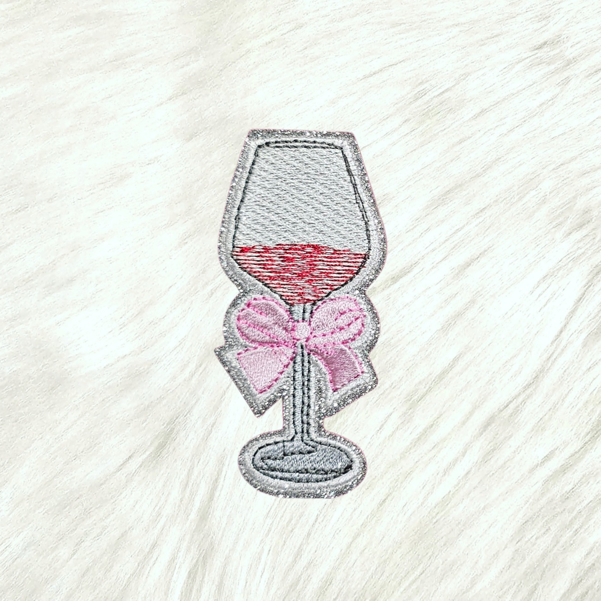 Wine Glass Pink Coquette Bow on Silver Glitter Iron On Patch