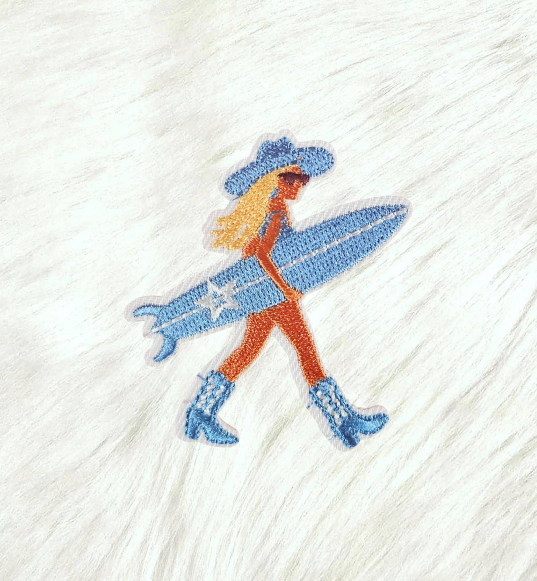 Blue Coastal Cowgirl Beach w/ Surfboard Iron On Patch