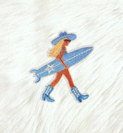Blue Coastal Cowgirl Beach w/ Surfboard Iron On Patch