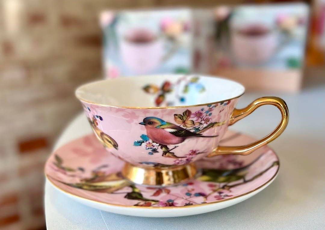 Vintage Garden pink and Gold with Birds Teacup and Saucer