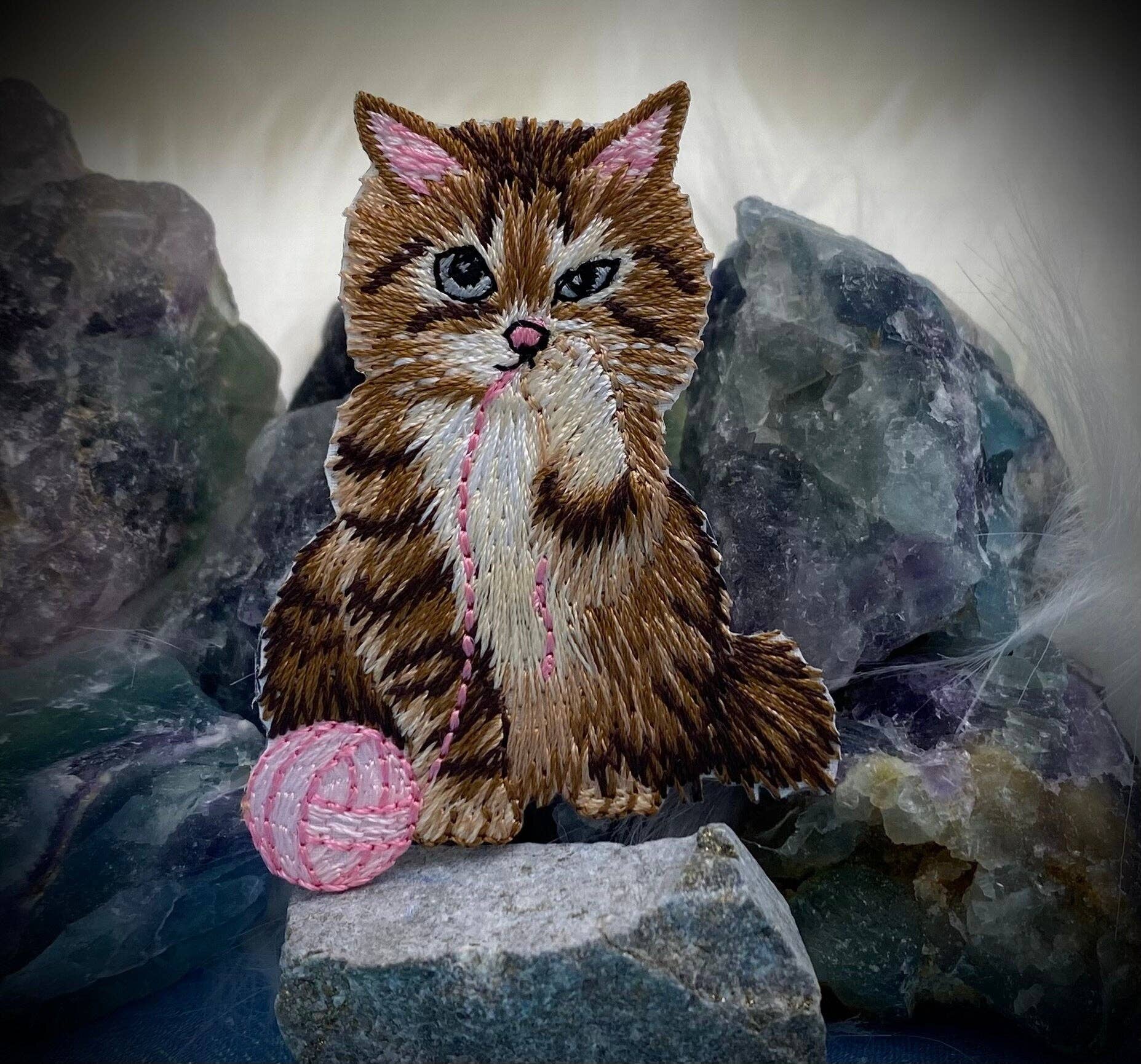 Brown Cat, Playing Pink Yarn Ball, Pets, Kitten, Embroidered, Iron on Patch