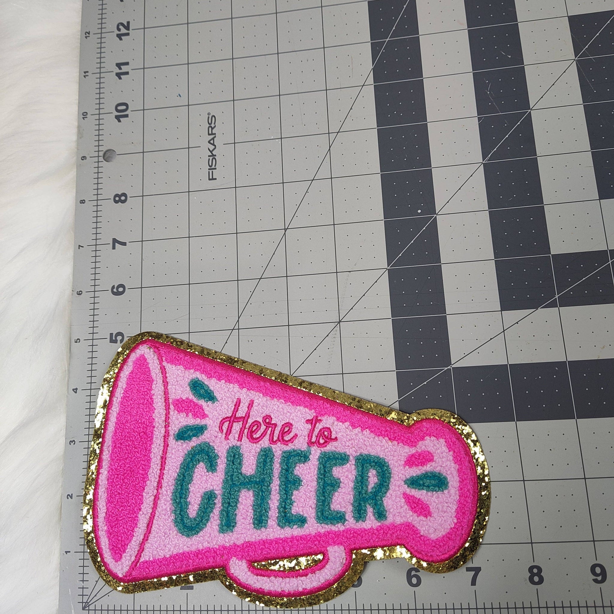'Here to Cheer' Megaphone Pink Iron On Patch With Gold Glitter