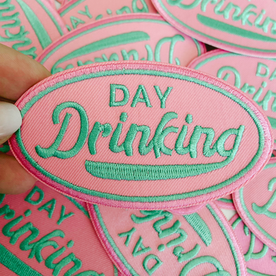 3" Day Drinking in Pink and Teal  -  Embroidered Hat Patch