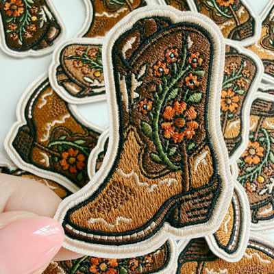 2.5" Floral Cowboy Boots -  Embroidered Hat Patch