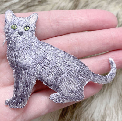 Gray Cat, Realistic, Full Body, Pets, Kitten, Embroidered, Iron on Patch