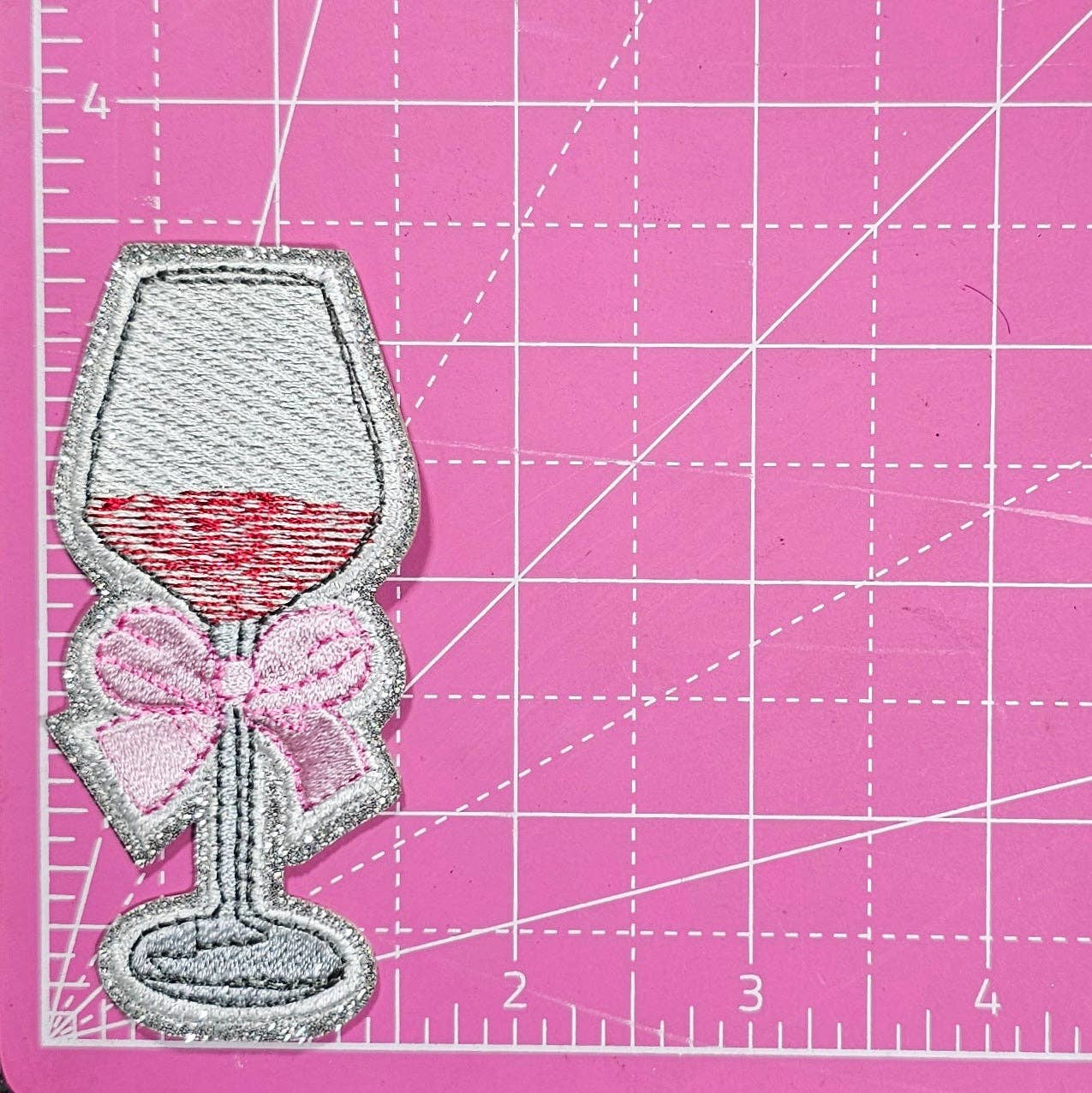 Wine Glass Pink Coquette Bow on Silver Glitter Iron On Patch