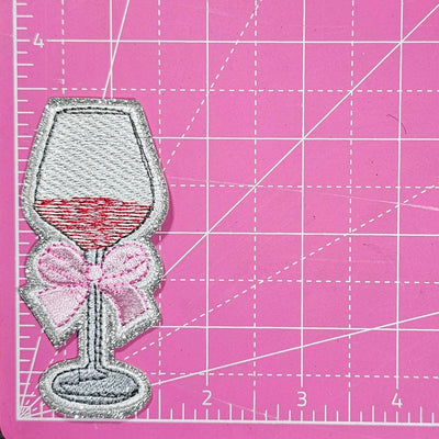 Wine Glass Pink Coquette Bow on Silver Glitter Iron On Patch