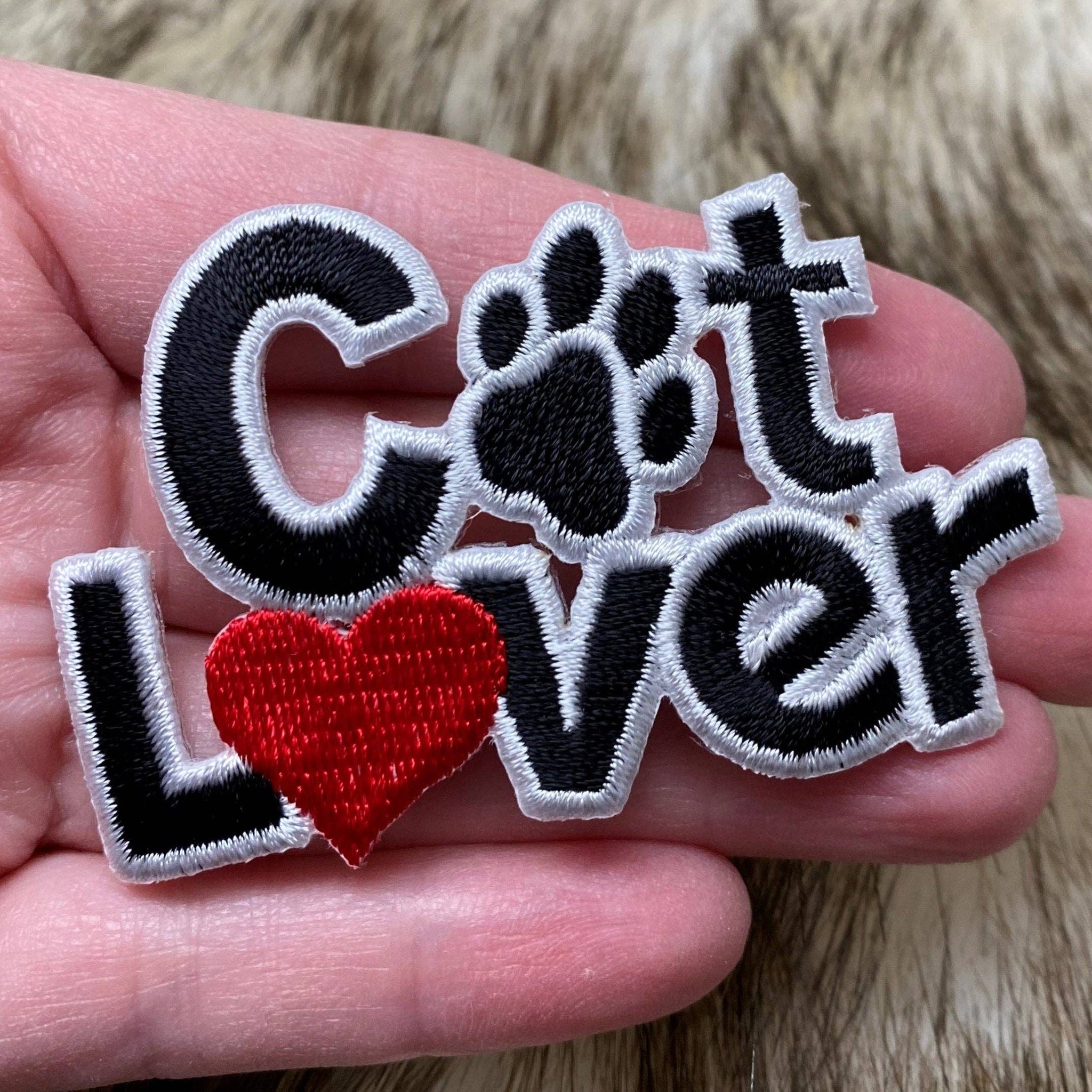 Cat Lover, Red Heart, Black Paw Print, Pets, Embroidered, Iron-on Patch