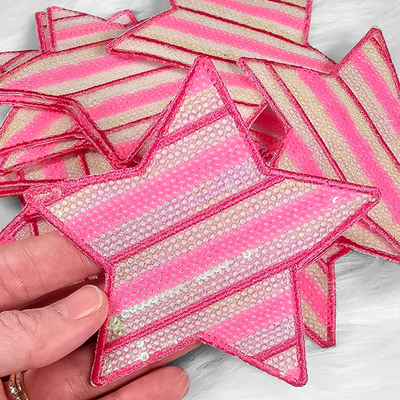 4"  Neon Pink Stripe Sequin Star Iron On Patch