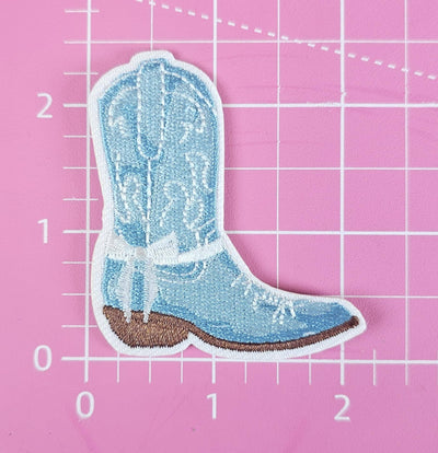 Blue Coastal Cowboy Boot w/ White Bow Iron On Patch
