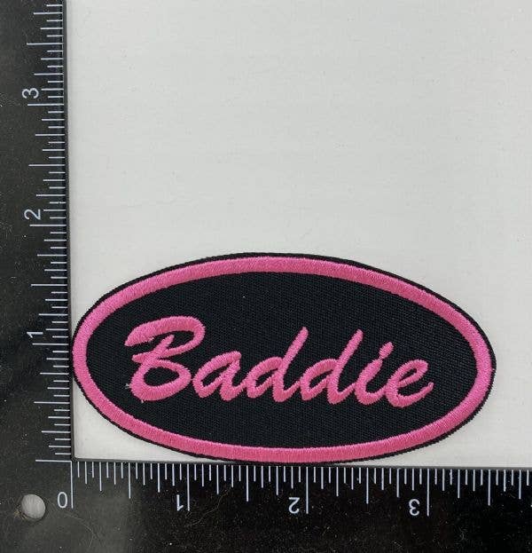 Baddie in Oval Black and Hot Pink, Embroidered, Iron on Patc