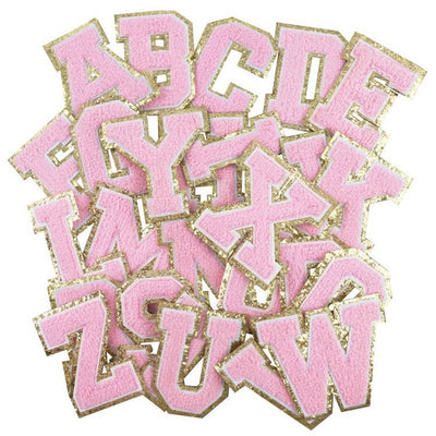 Light Pink Chenille Iron On Gold Glitter Letter Patches