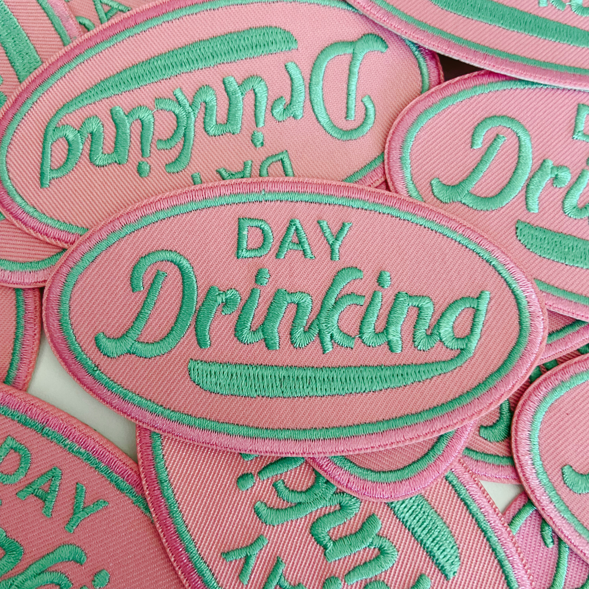 3" Day Drinking in Pink and Teal  -  Embroidered Hat Patch