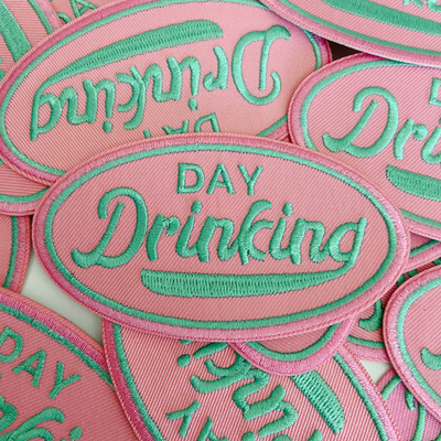 3" Day Drinking in Pink and Teal  -  Embroidered Hat Patch