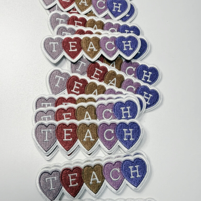 4" TEACH w Hearts  -  Embroidered Hat Patch