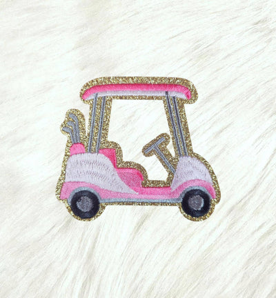 Pink Golf Cart with Gold Glitter Embroidery Iron On Patch