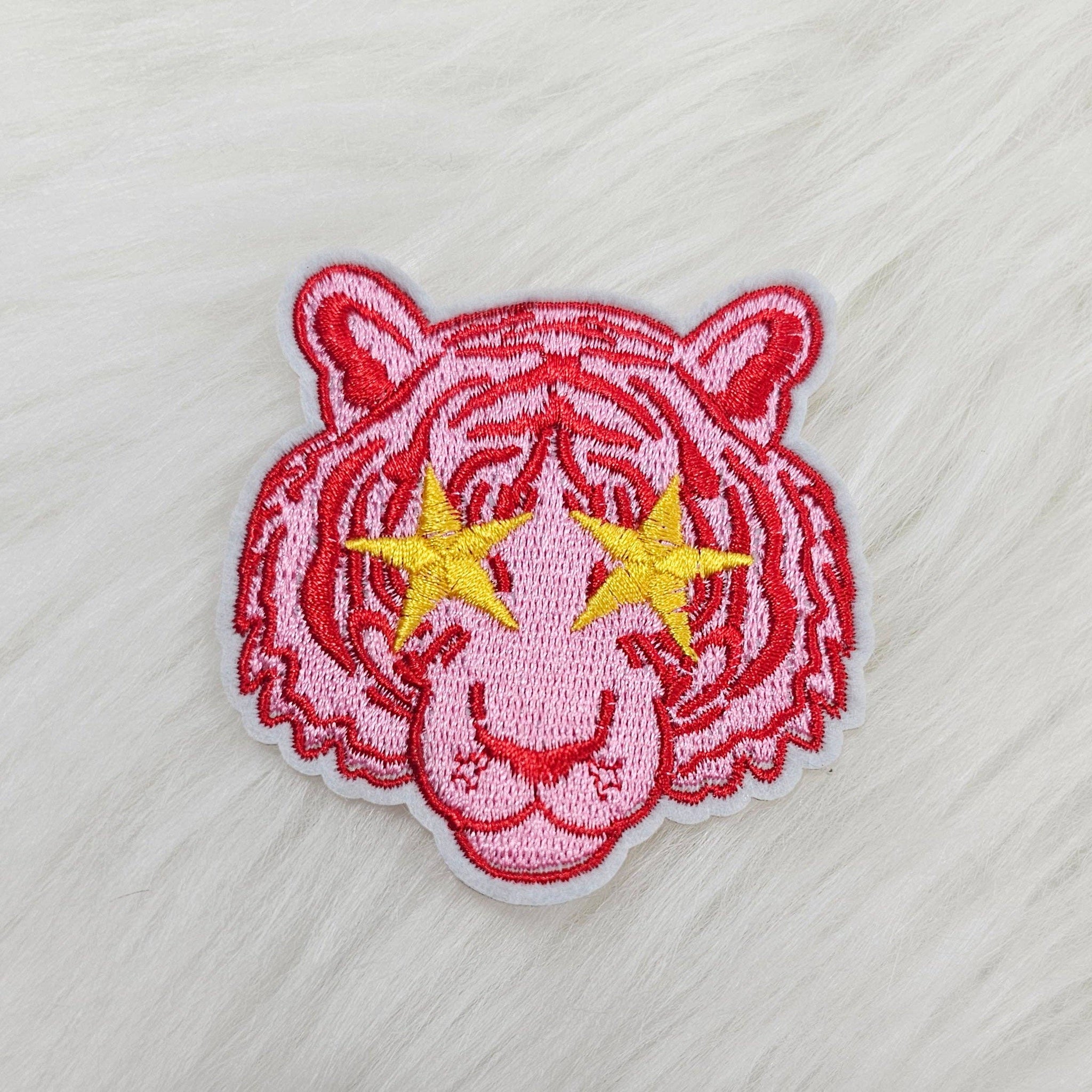 Small Pink Tiger Mascot with Star Eyes Embroidery Iron On Patch