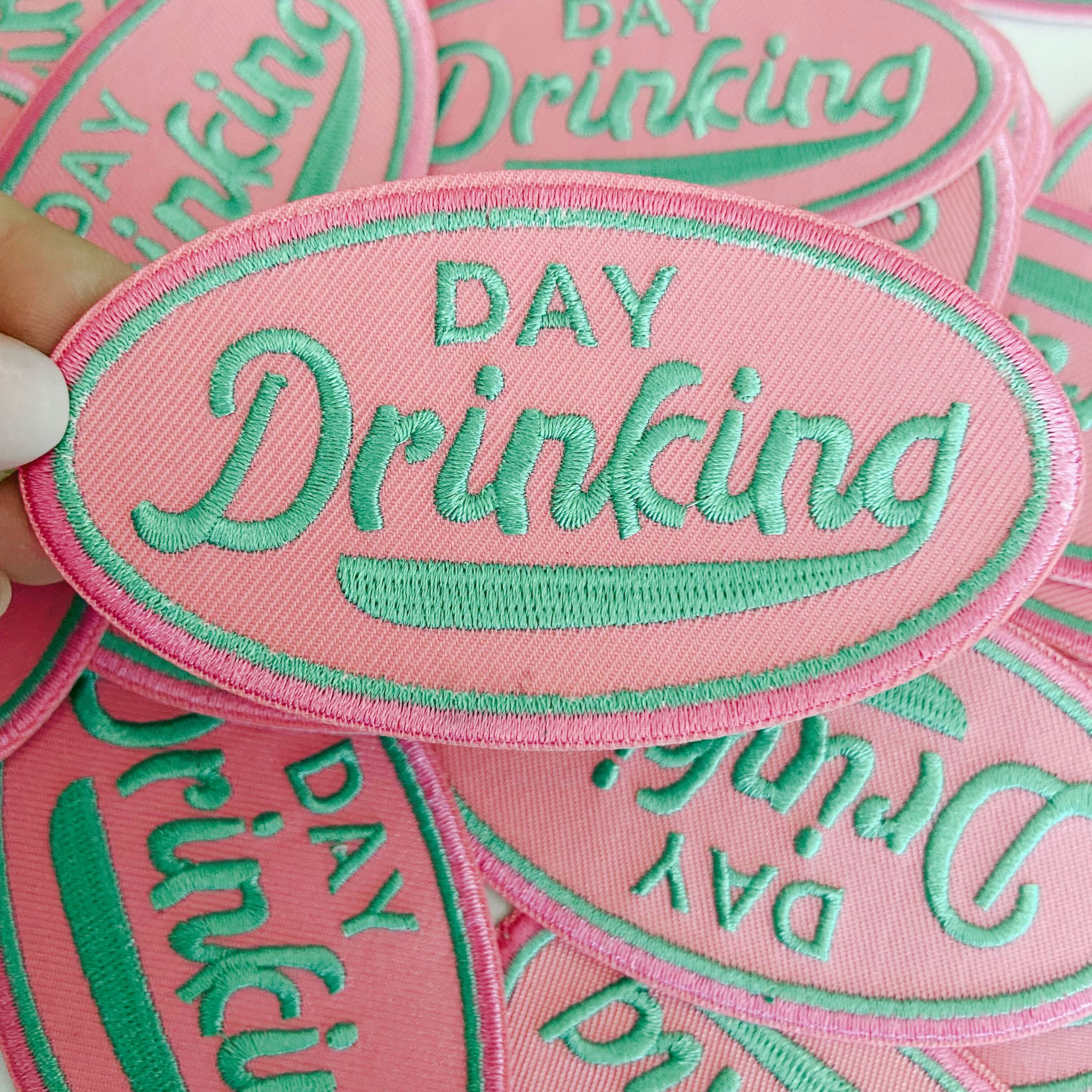 3" Day Drinking in Pink and Teal  -  Embroidered Hat Patch