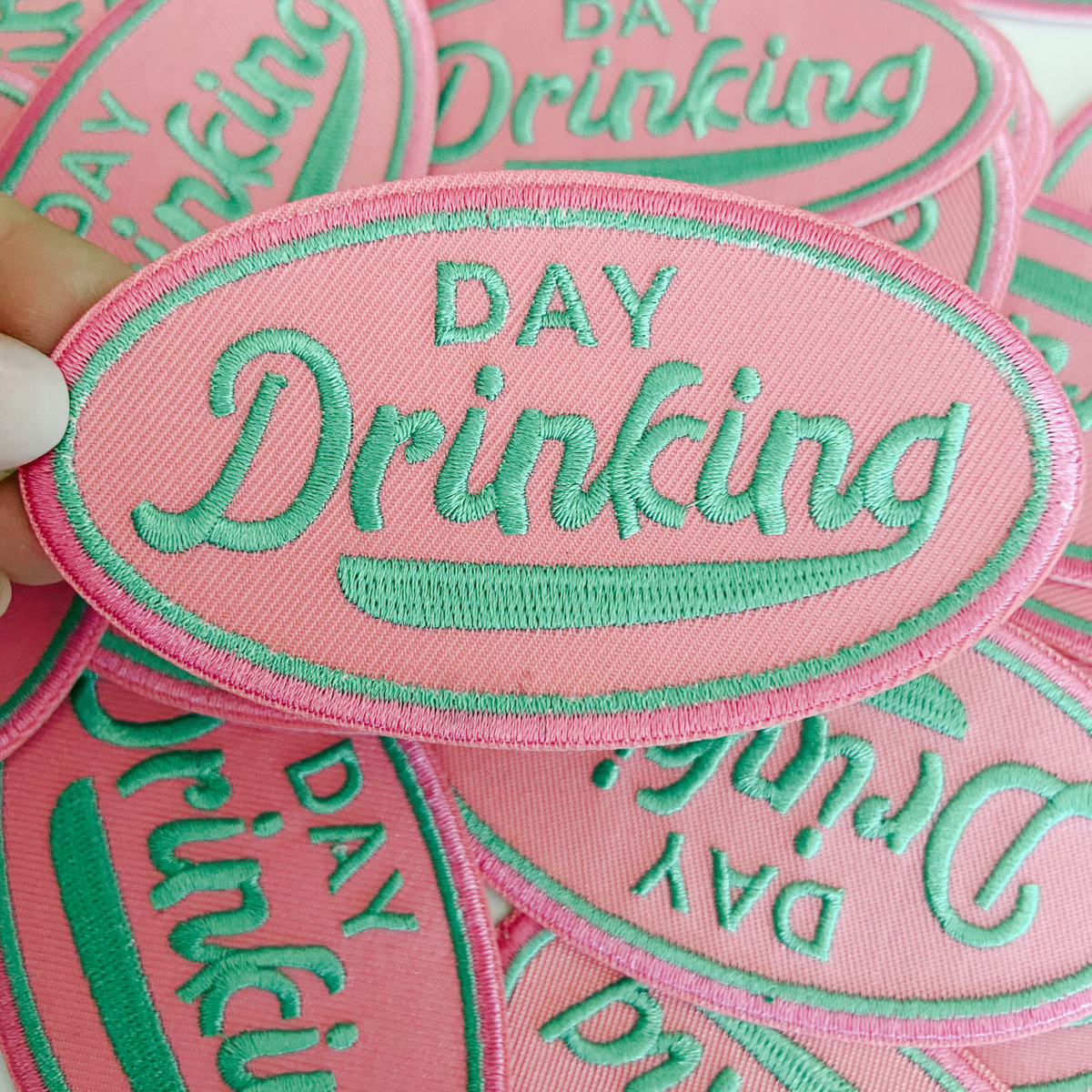 3" Day Drinking in Pink and Teal  -  Embroidered Hat Patch