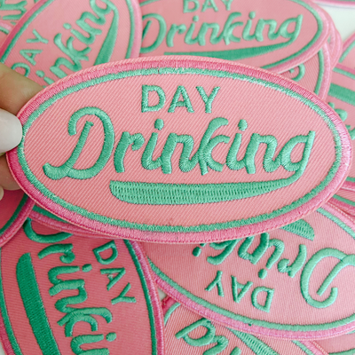 3" Day Drinking in Pink and Teal  -  Embroidered Hat Patch