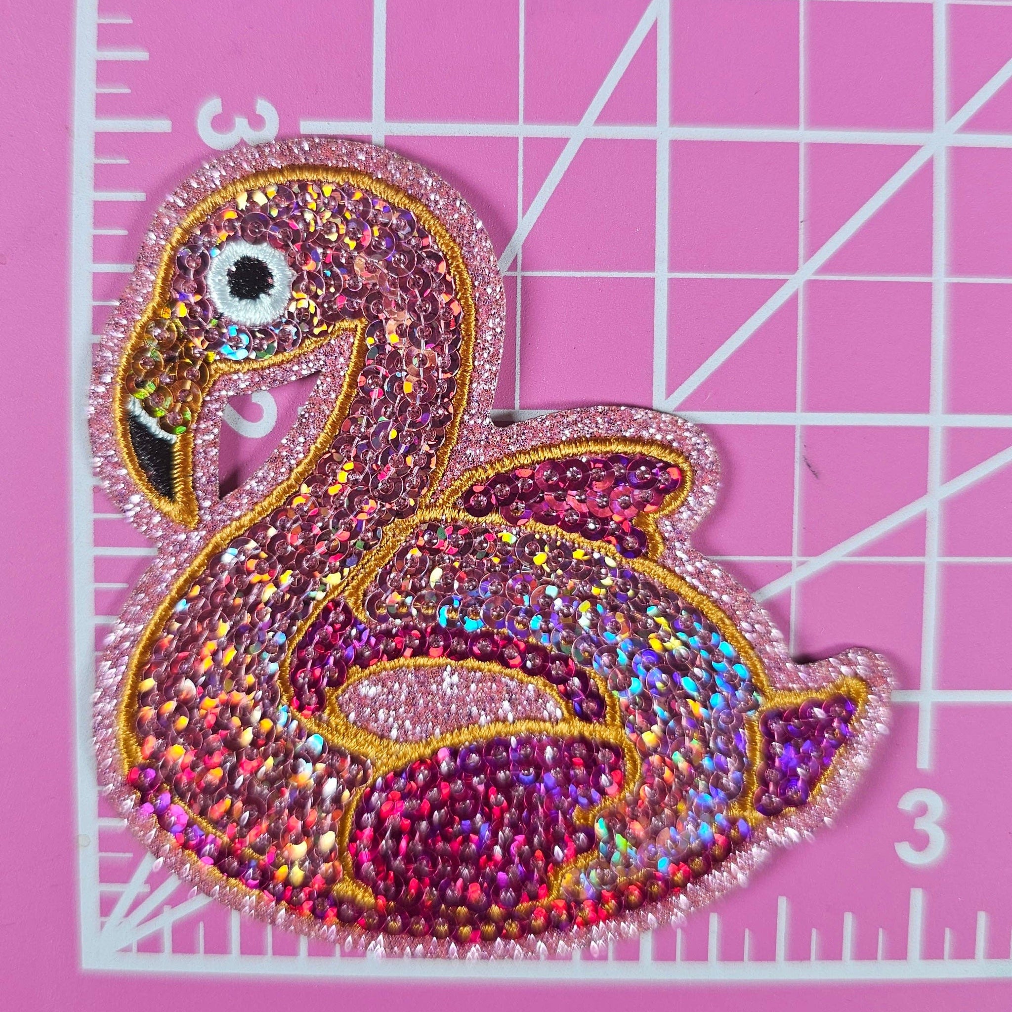 Flamingo Pool Floaty Pink Sequin Embroidery Iron On Patch