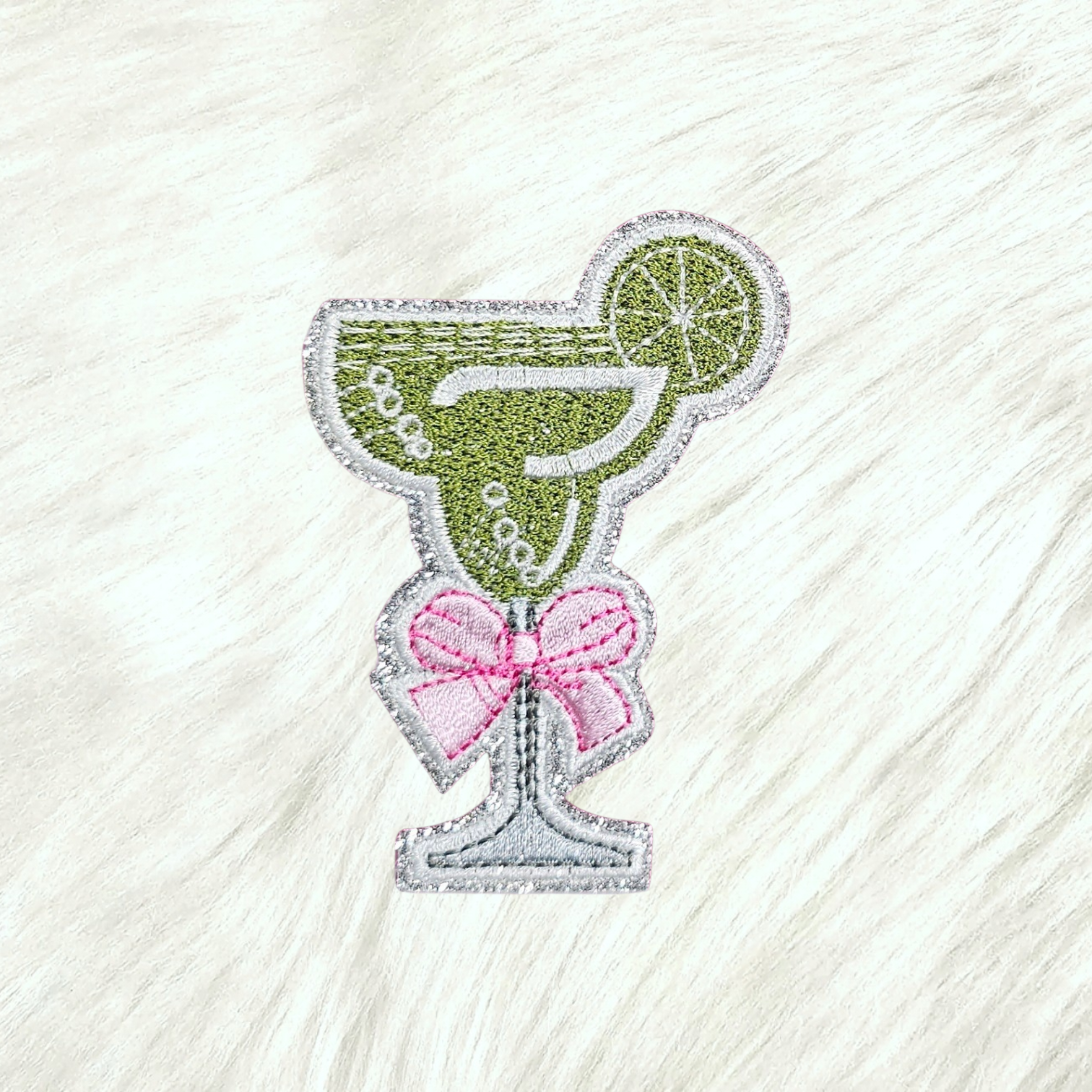Margarita Coquette Bow on Silver Glitter Iron On Patch