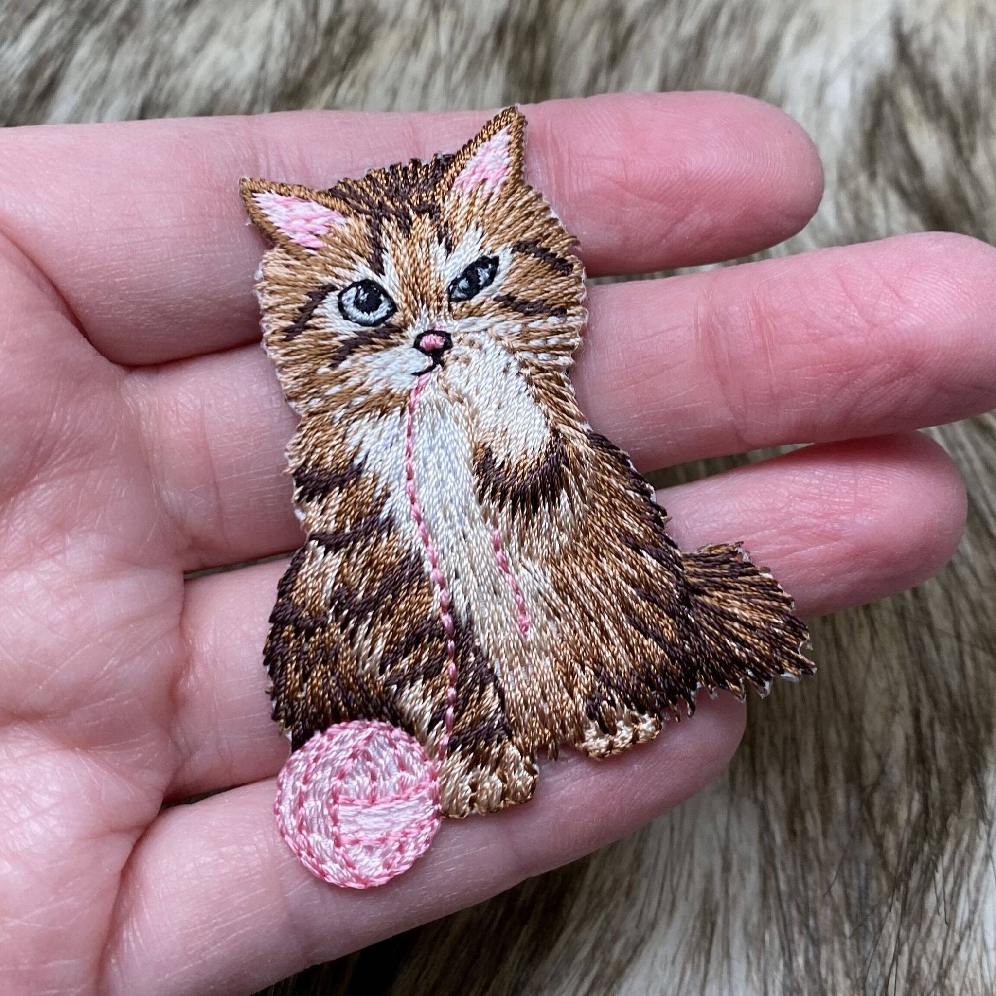 Brown Cat, Playing Pink Yarn Ball, Pets, Kitten, Embroidered, Iron on Patch
