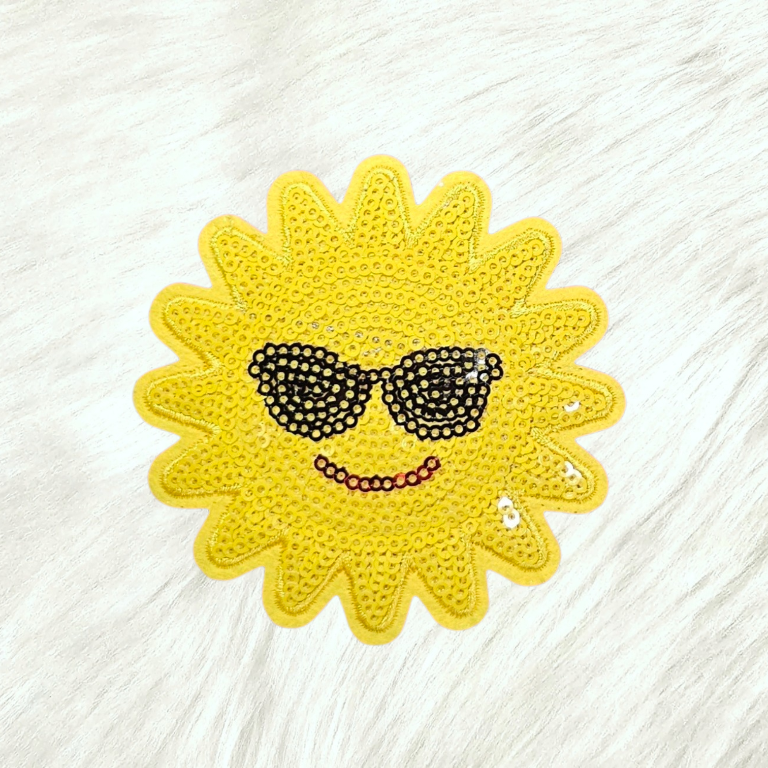 Smiling Sun with Glasses Sequin Iron On Patch