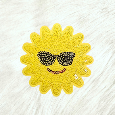 Smiling Sun with Glasses Sequin Iron On Patch