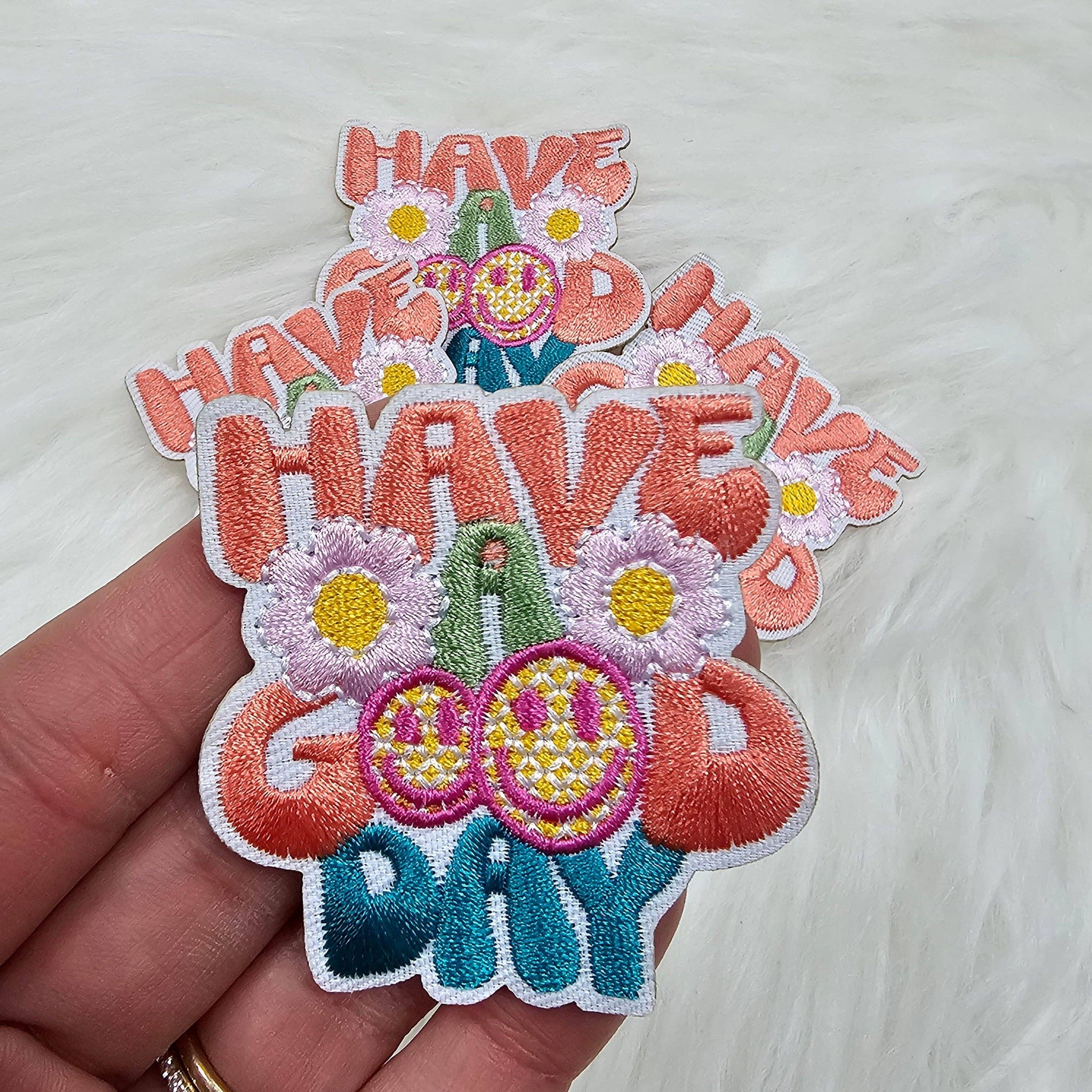 'Have a Good Day' Smile Floral Embroidery Iron On Patch