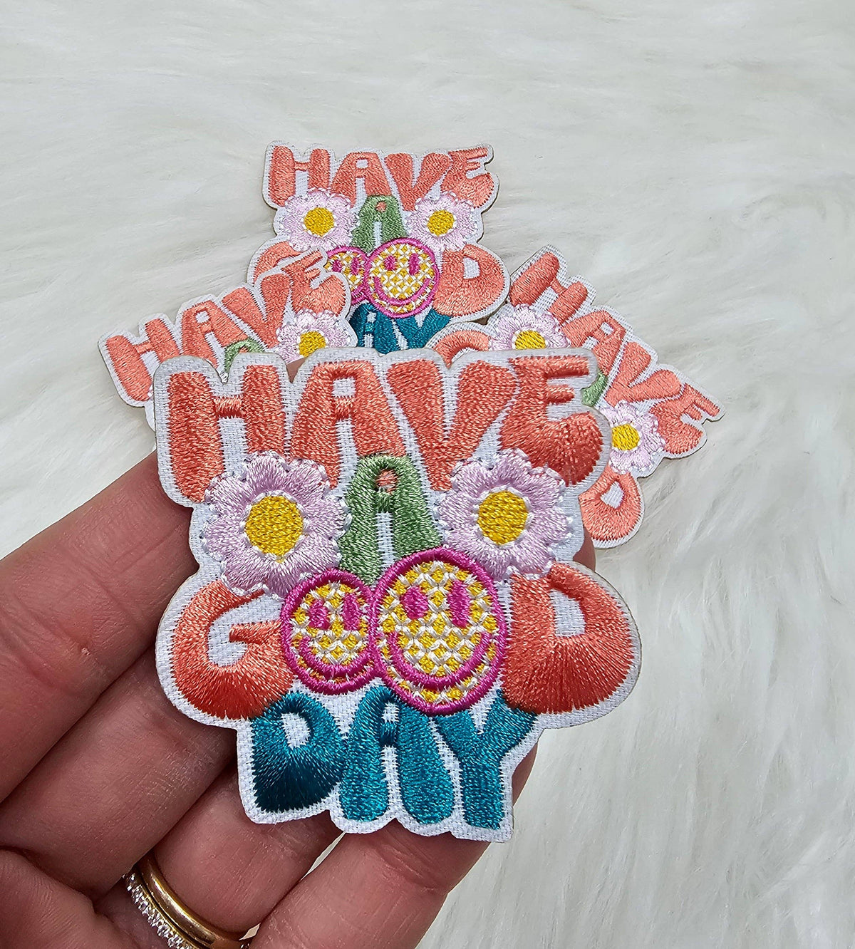 'Have a Good Day' Smile Floral Embroidery Iron On Patch