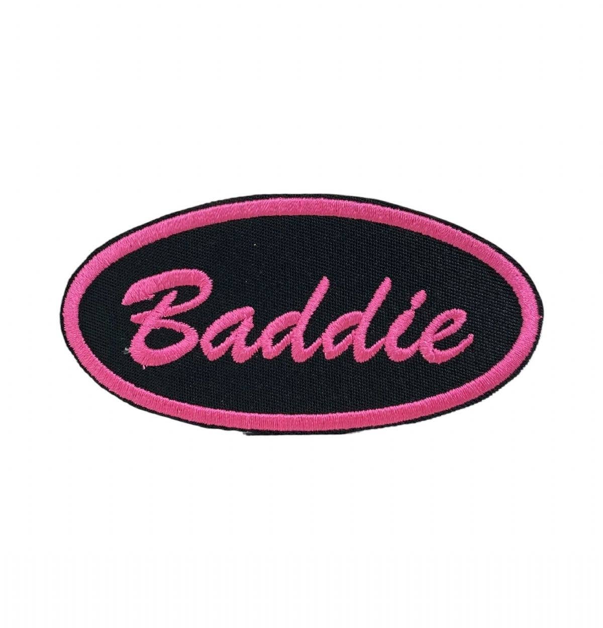 Baddie in Oval Black and Hot Pink, Embroidered, Iron on Patc