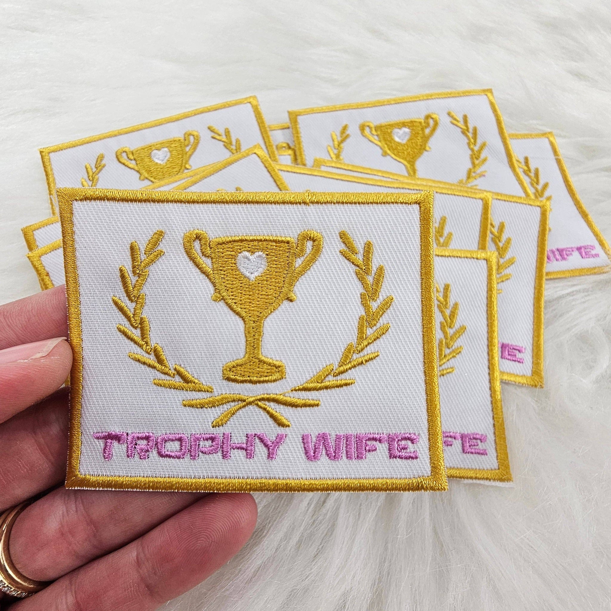 'Trophy Wife' Pink and Gold Embroidery Iron On Patch