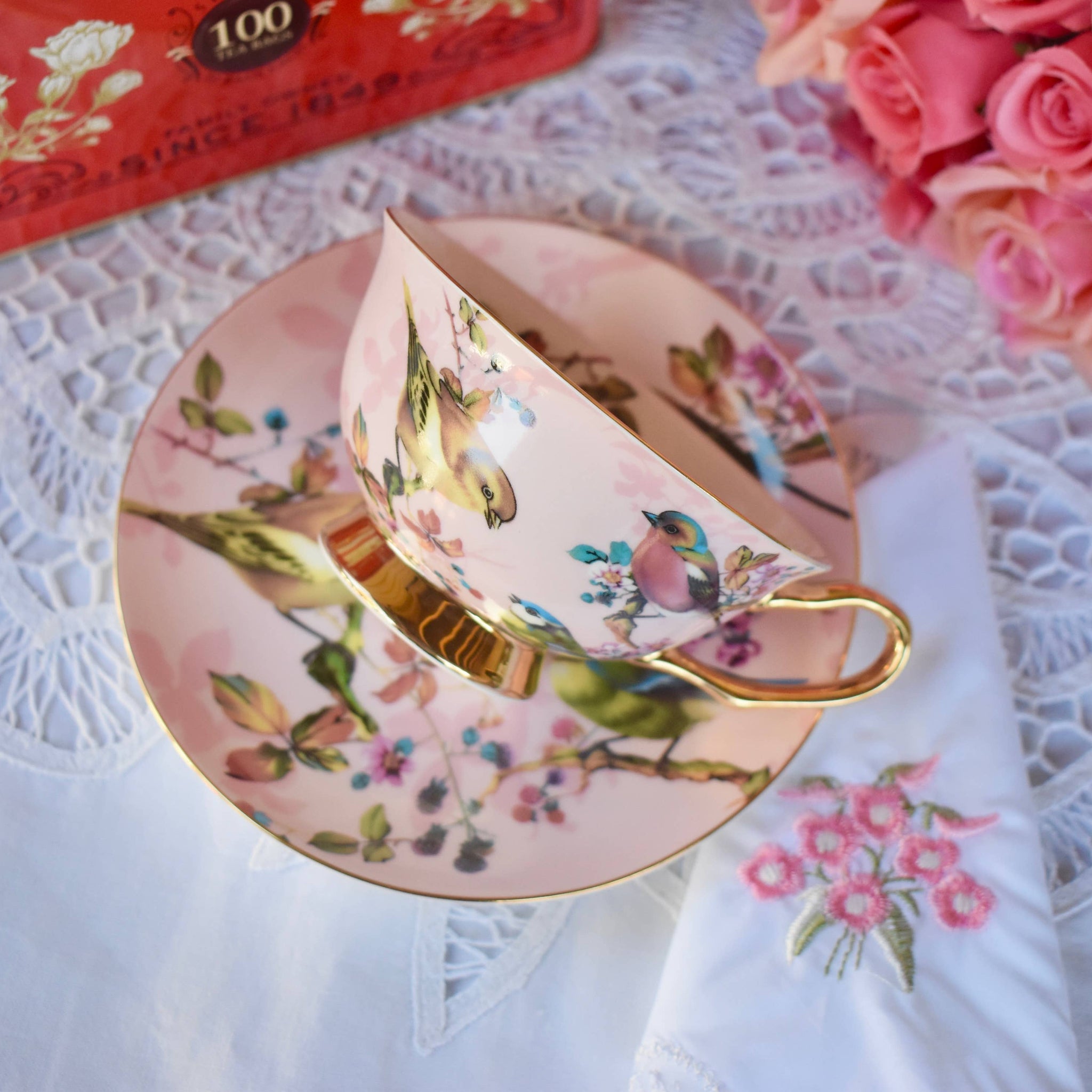 Vintage Garden pink and Gold with Birds Teacup and Saucer