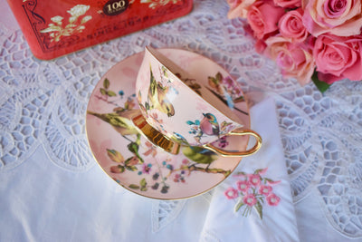 Vintage Garden pink and Gold with Birds Teacup and Saucer