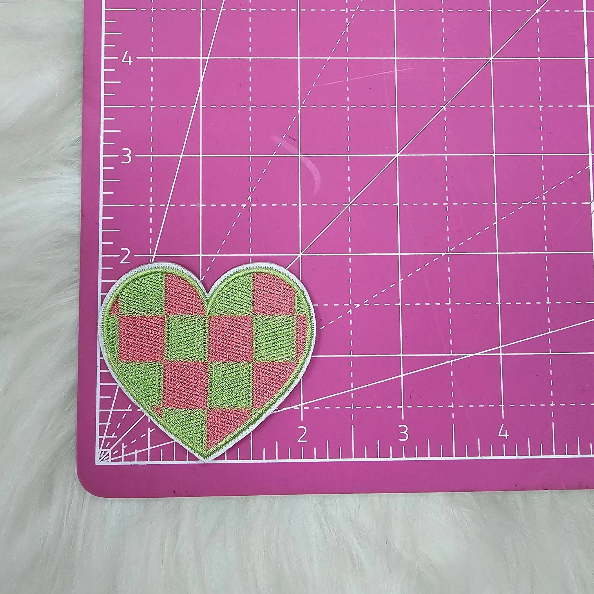 Checkered Green and Pink Heart Embroidery Iron On Patches