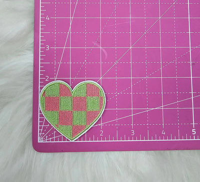 Checkered Green and Pink Heart Embroidery Iron On Patches