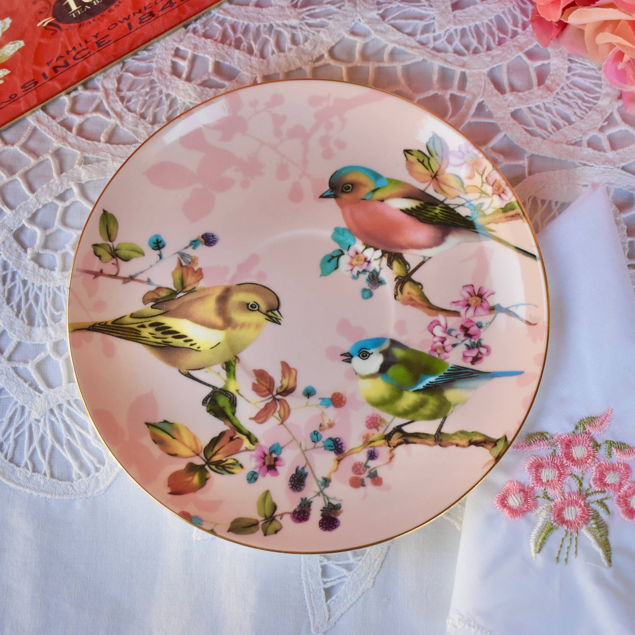 Vintage Garden pink and Gold with Birds Teacup and Saucer