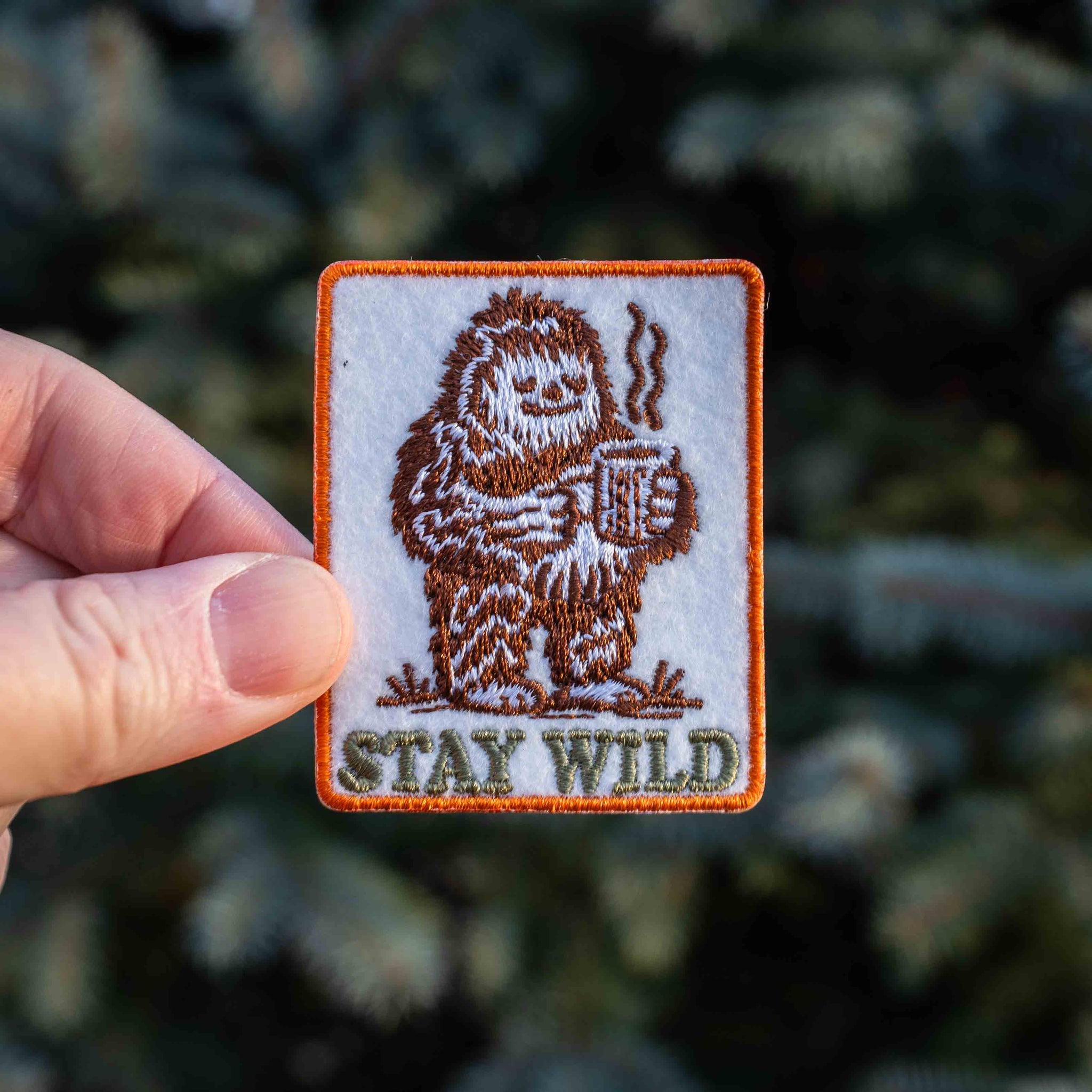 STAY WILD Sashquatch Bigfoot Drinking Coffee Patch - Iron On